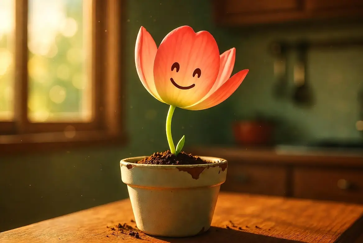 กระถางมีดอกไม้ ตั้งอยู่ในครัว ดอกสีชมพู สื่อถึง ปลูกด้วยความรัก