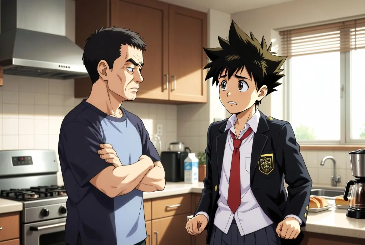 ลูกใส่ชุดนักเรียนกำลังรู้สึกเครียดที่ต้องขอเงินค่าเทอมจากพ่อ