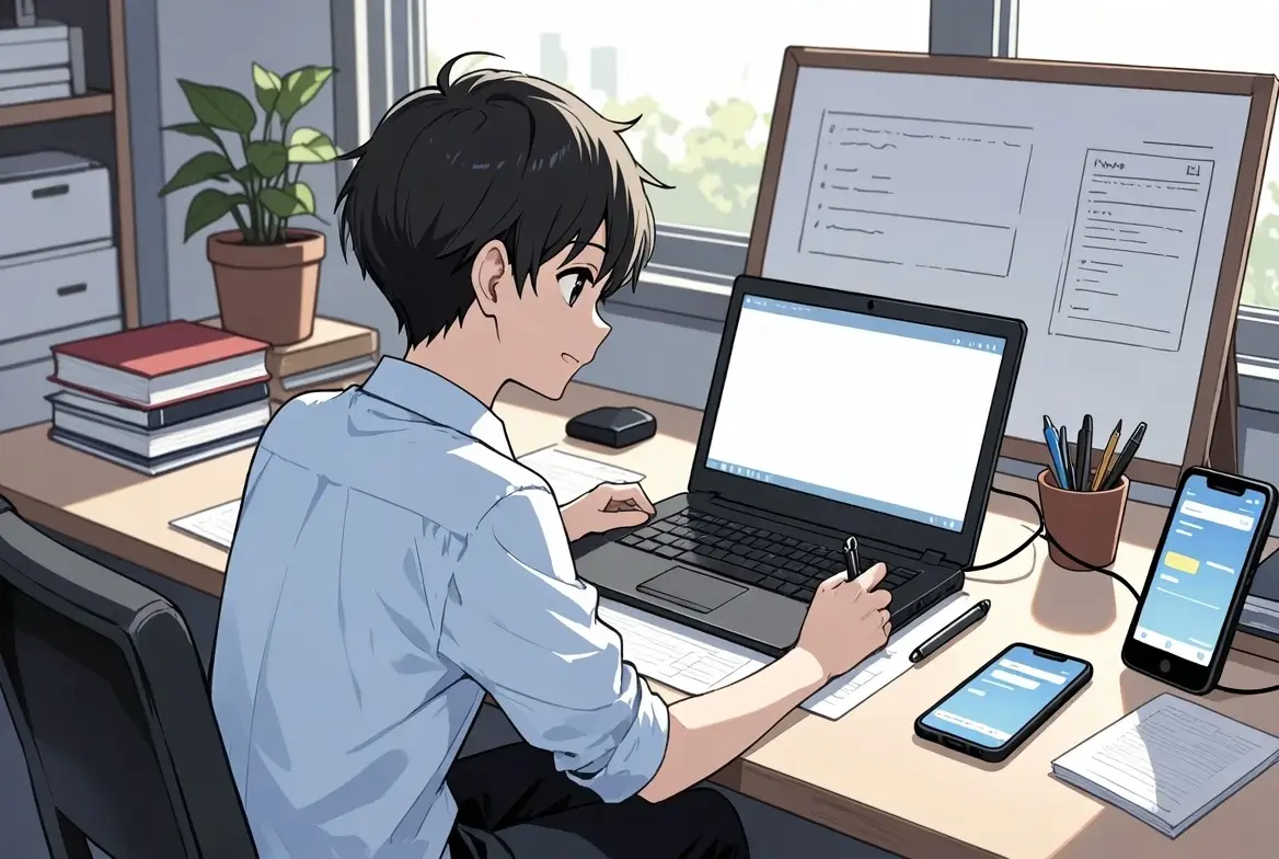 นักศึกษากำลังแปลงานเอกสาร ด้วยคอมพิวเตอร์ ด้วยความตั้งใจในห้องส่วนตัว